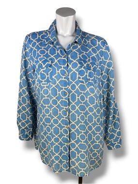 Charter Club 100% Linen Blue & Cream Geometric Print Long Sleeve Button Down XL